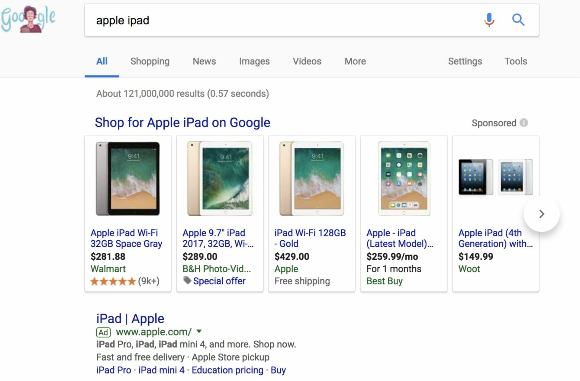esempio di schermata degli annunci di google shopping
